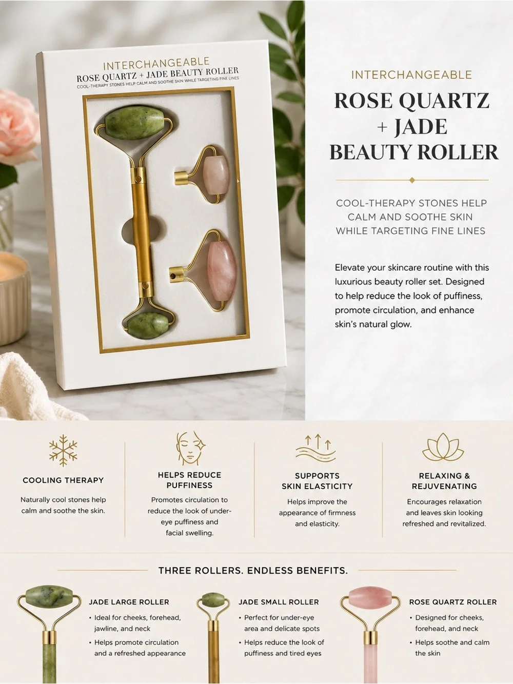 Interchangeable Rose Quartz & Jade Beauty Roller Set – Brand New in Box